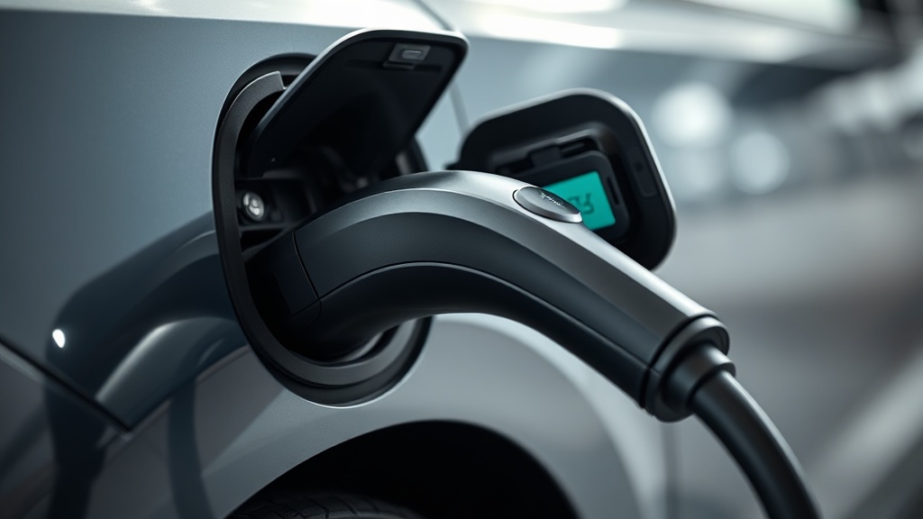 전기차 충전 어댑터가 차량에 연결되어 안전하게 충전 중인 클로즈업 사진