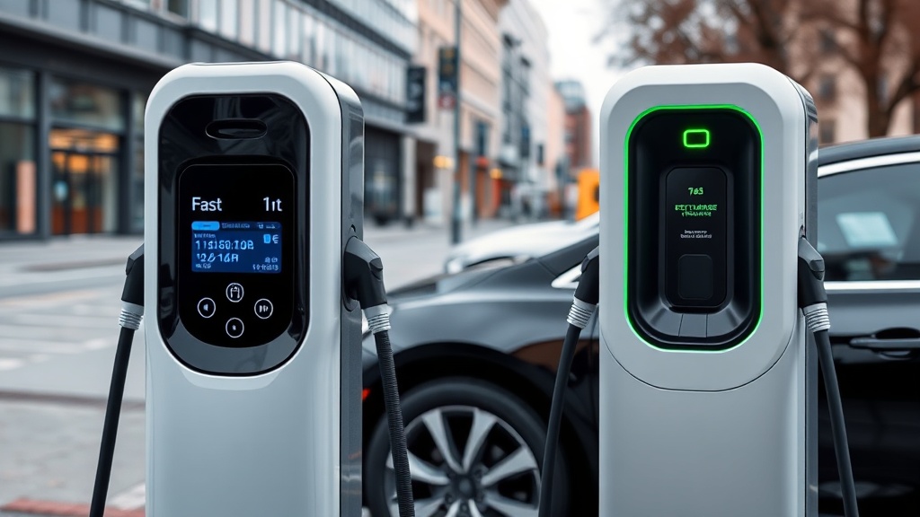 도심 내 설치된 급속 충전기와 완속 충전기가 나란히 배치된 현대적인 충전소 전경